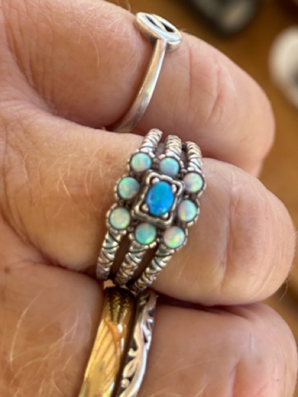 Sterling Silver Opal Cluster Ring - Blue Opal/ White